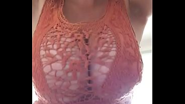 Attention craving whore rubs her pussy and shows off her massive tits in see through top 