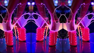 Hot Girls stands in High-Heels on a counter in a nightclub. Lots of cum on legs and schoes. Long Legs 