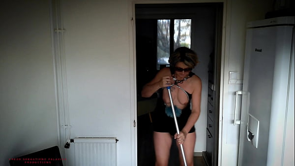 Cougar mother in law does housework in scantily clad clothes in the presence of her stepson