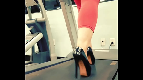 Stiletto High Heels Public Gym Treadmill Walking in pleasers tall shiny black stripper shoes workout yoga pants exercise cardio - Kyra Hellfire 