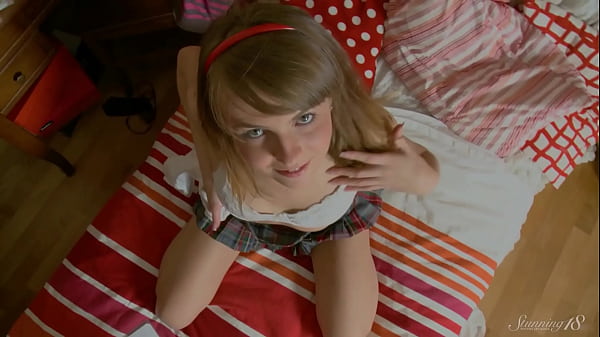 Tiny coed erika t takes off her uniform & starts diddling her pussy