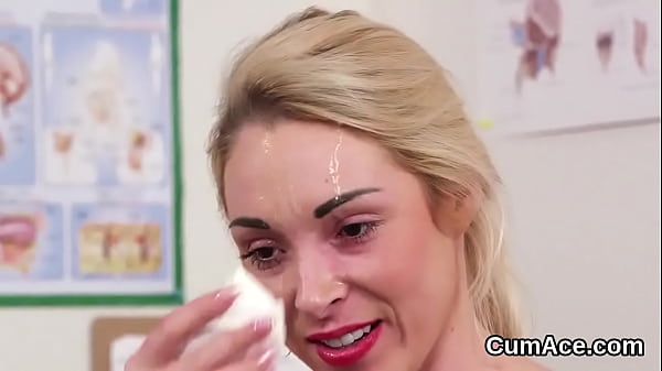 Unusual centerfold gets cum load on her face sucking allthe love juice