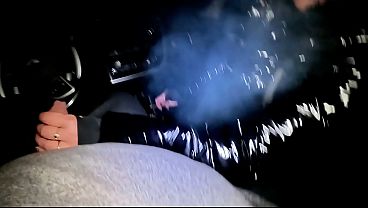 Night Pickup Downjacket MILF Fantasy. Smoking, Car blowjob and Cum on Glossy Jacket