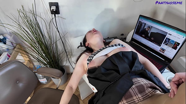 Milf neighbor catches lover watching pantyhose porn and fucks him in her sheer tights 