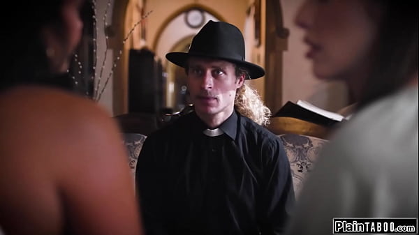 Lesbian couple convert a disgusted priest by licking pussy ifo small tits petite babe facesits him with her hairy pussy n squirts from fucking