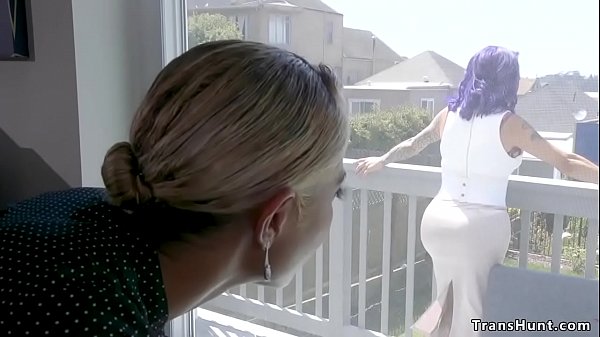 Curvy big tits shemale TS Foxxy seduces ebony real estate agent Lotus Lain and makes her rimming before with big dick fucks her mouth 