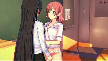 Play MP4 - Teacher Shizuka eating Yuigahama Yui's pussy then strapon fucking her  - OreGairu Hentai&period;