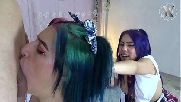 Jazmin gets her_throat fucked kneeling in a row_with her_friends