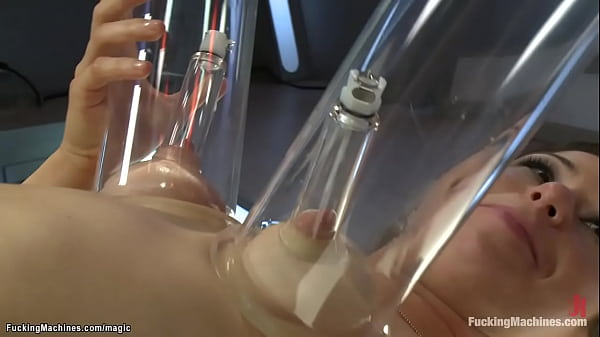 Brunette babe mia gold laying on back and elbows with legs open getting nipples vibrated and pussy fucked with machine till anal machine fucked