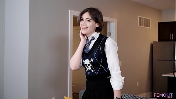 FEMOUT.XXX: Gorgeous Smug Teen Tranny in Uniform, Small Tits, Pink Nipples, Masturbates 
