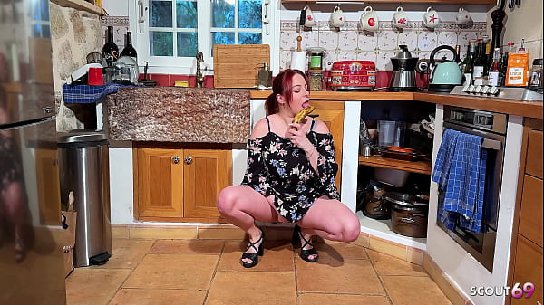 German huge natural boobs curvy redhead girl get fucked in the kitchen after orgasm by banana insertion 