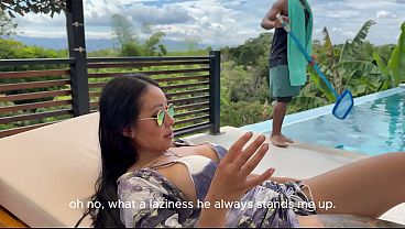 My boss s wife asks me for a_massage_in the pool and_ends up_with my_big black cock in her mouth