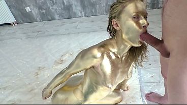 Pretty Woman Makes Herself A Golden Body Art, Then Gently Fucks And Sucks A Dick, Filled The Whole Body Art With Sperm thumbnail