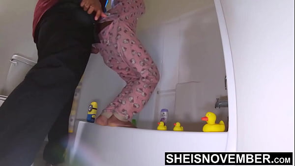 I sneak in on my adorable pissing stepdaughter bathroom fucking her tight wet pussy cowgirl on the toilet shy cute black girl sheisnovember having taboo sex with her horny stepdad big cock large natural tits and areolas out by msnovember