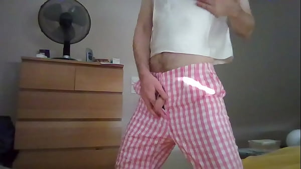 Sexy crossdresser secretary in_Gingham_pink pants 2