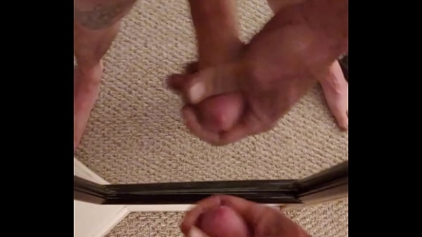 Rubbing one out - white shaved cock exploding on mirror dripping down 