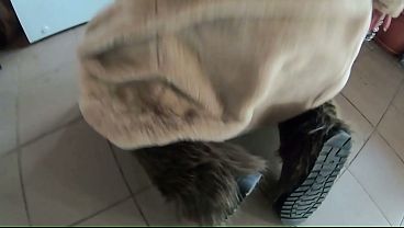 Golden Dress, Fur & Smoking &ndash; Hairy Pussy, Deep Blowjob & Hard Doggy On A Freezer thumbnail