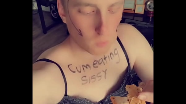 Submissive sissy eating husband cum on a snack 