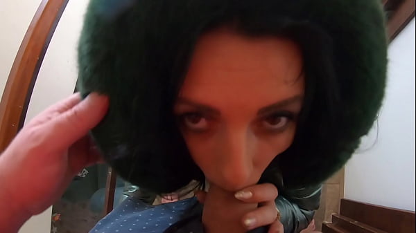 Slutty mature orgasm &ndash; blowjob & cum on green shiny downjacket preview