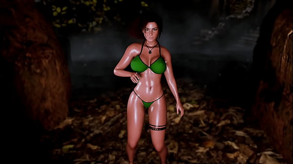 Mature sexy lara croft alone seductively posing in microbikini at thicket 