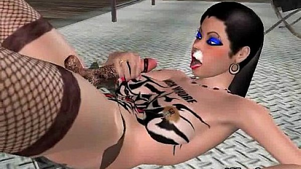 This sexy 3D tattooed shemale is jerking her cock off 