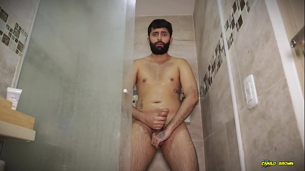 Hot Big Uncut Cock Daddy Camilo Brown Edging In The Shower And Shooting His Cum thumbnail