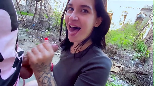 Sucking In Public Outdoors Near People And Getting Hot Sticky Cum In Her Mouth thumbnail