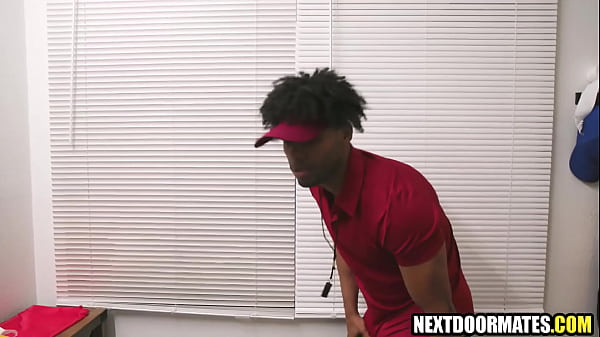 Black coach spying on student masturbating then screwing him bareback 