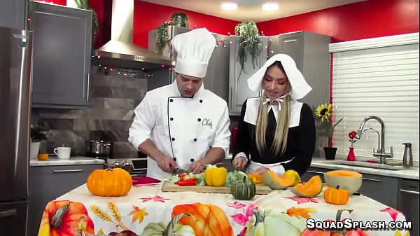 Oiled blonde teen with small tits khloe kapri gives oral blowjob on big cock and she gets ass fucking with object insertion from nicky rebel on a dinner table