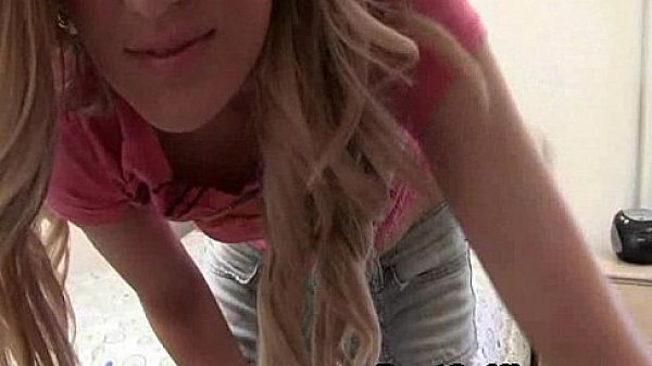 Very horny blonde teen strips and masturbates on bed