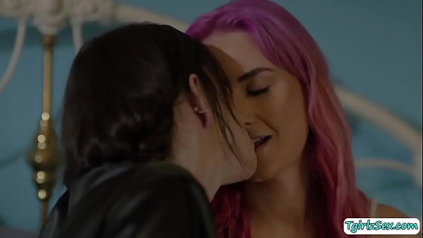 Tall and small tits shemale Lena Moon makes out with busty milf Siri Dahl warmly kissing and tit sucking before she bows down to deepthroat. 