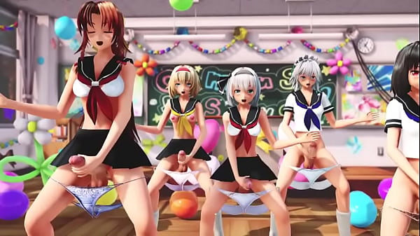 Futagirls stroking_their dicks in school Mmd