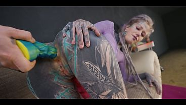 Inked hippie's solo dildo asshole play