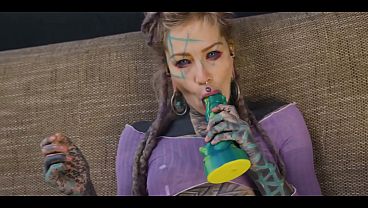 Inked hippie's solo dildo asshole play 