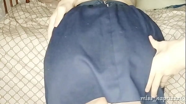 Girl on the bed in short skirt with small tight pussy 