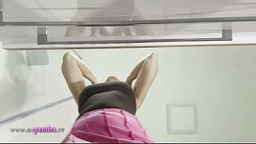 Bored and ignored horny wife at home takes her underwear off to show her skirt and what is underneath and plays with a glass dildo