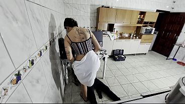 Naughty wife greets the repairman while wearing only a towel and swallows the load