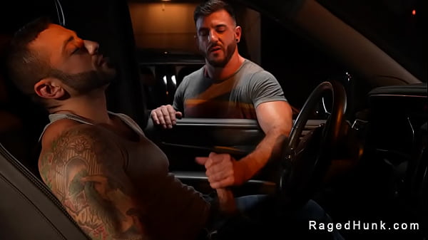 Drew Valentino sitting in his car and getting handjob from Ian Holms through cars window then they are rimming and anal fucking in public parking lot 
