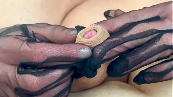 Small dick play and foreskin in nylon gloves until he cum a lot in my mouth 
