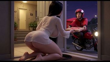 Curvy Woman In Translucent White Outfit Talks To Pizza Delivery Guy At Her Front Door At Night (ai Generated) thumbnail