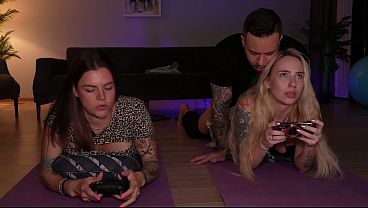 Gaming with roommates my cock sliding in both pussies nonstop