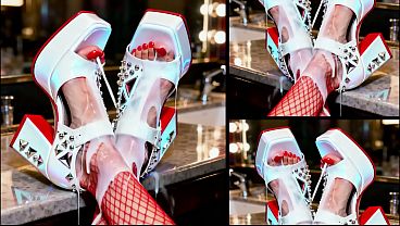 High heels fetish lots of cum on leg feet and heels public in a nightclub bar standing on a counter shoes full of semen 