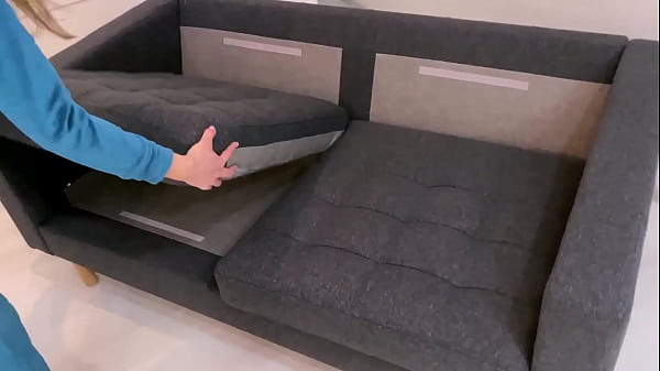 Hot brunette with big ass in sexy panties sucks cock and fucks guy on new sofa right after unpacking and setting up 