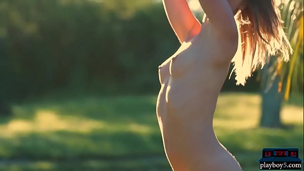 Tight brunette milf babe strips naked outdoor