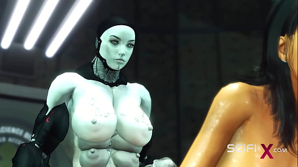 Hot futanari sex android with many boobs plays with a young horny hottie in the sci-fi lab 