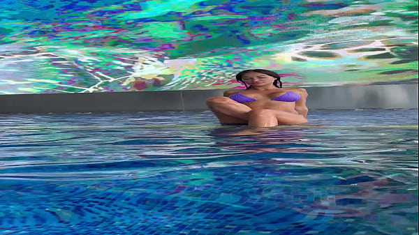 Monika fox in purple bikini swims in pool & poses by window against background of city free