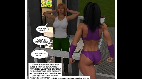 Muscle girl transformation and growth into buff superhero with lesbian sex 3d art power 