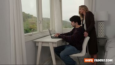 To loosen stress Athena massages jerks and rails her stepson s hard cock making him cum inwards her
