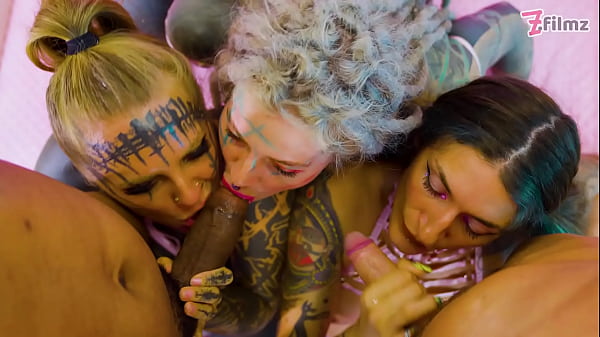 Tattooed trio in rough interracial orgy with bbc & white cock