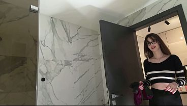 New secretary tall sexy horny brunette babe in glasses in the bathroom poses for many cameras